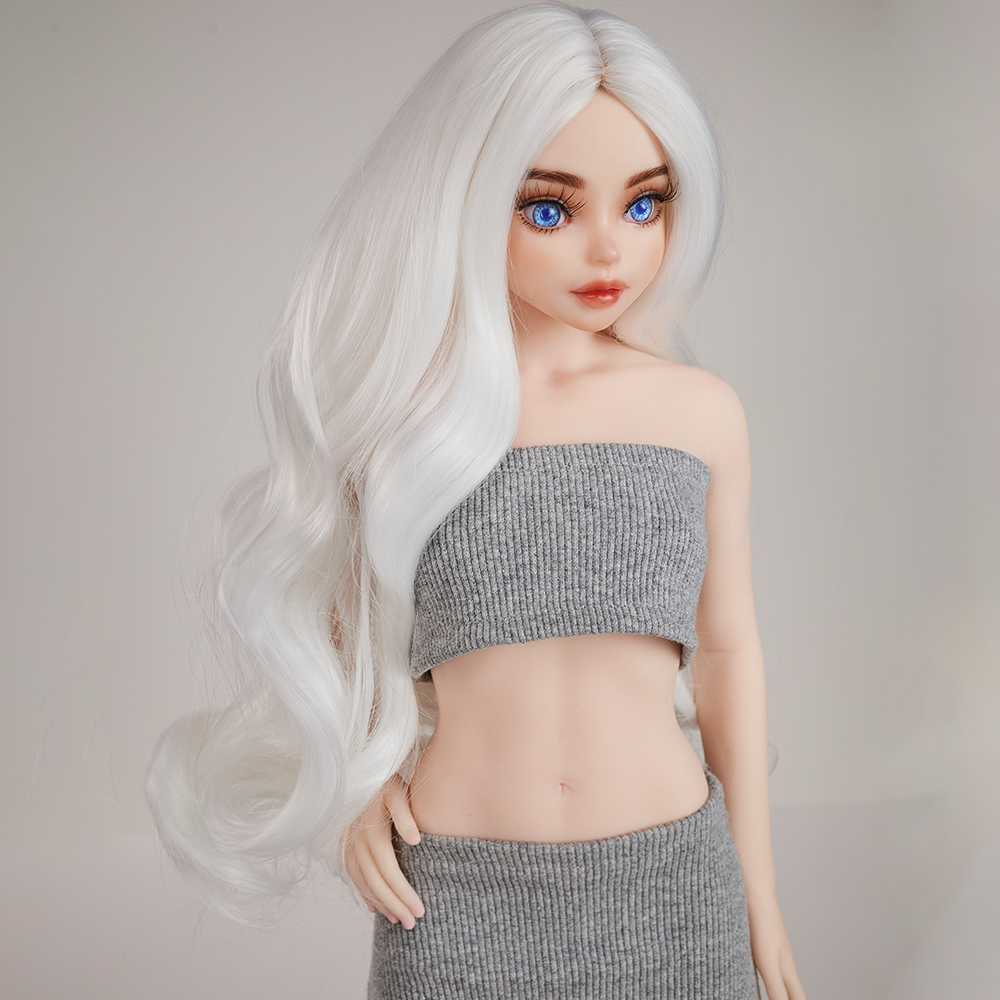 White parted long curly hair